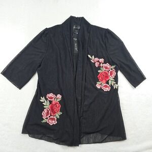 Step In Style Black Sheer Mesh Floral Embroidered Open Cardigan One Size